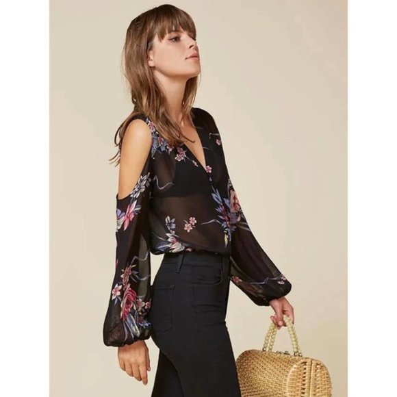 NWOT REFORMATION Navy Floral Cold Shoulder Sheer Button Down - Small - Picture 1 of 9